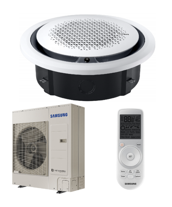 SAMSUNG 360 KASETINIO TIPO 12.0/13.2KW ORO KONDICIONIERIAUS KOMPLEKTAS (VIENFAZIS ĮRENGINYS); KOMPLEKTUOJAMAS SU PASIRENKAMA APDAILA IR DISTANCINIU PULTELIU.