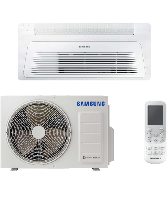 SAMSUNG BEVĖJĖS 1-KRYPTĖS 3.5/4.0KW KASETĖS KOMPLEKTAS; KOMPLEKTUOJAMAS SU APDAILA IR DISTANCINIU PULTELIU.