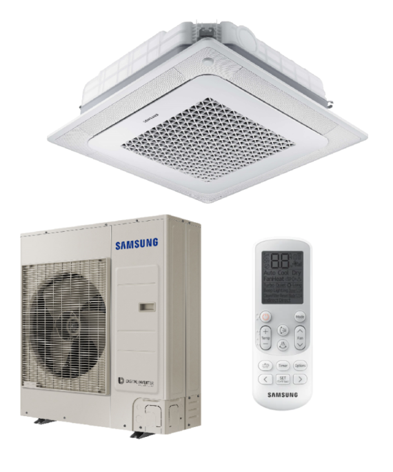 SAMSUNG BEVĖJĖS 4-KRYPTĖS 12.0/13.2KW KASETĖS KOMPLEKTAS (TRIFAZIS ĮRENGINYS); KOMPLEKTUOJAMAS SU APDAILA IR DISTANCINIU PULTELIU.