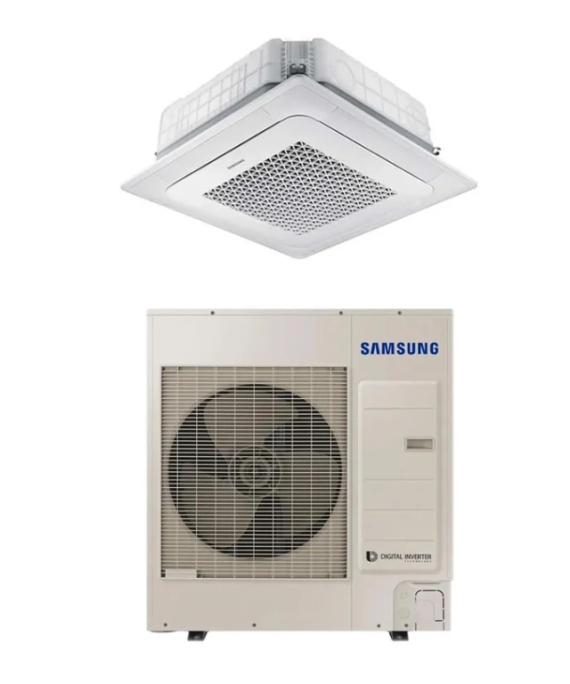 SAMSUNG BEVĖJĖS 4-KRYPTĖS 12.1/13.2KW KASETĖS (HEE) KOMPLEKTAS (TRIFAZIS ĮRENGINYS); KOMPLEKTUOJAMAS SU APDAILA IR DISTANCINIU PULTELIU.