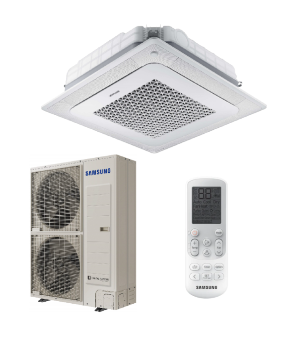 SAMSUNG BEVĖJĖS 4-KRYPTĖS 13.4/15.5KW KASETĖS KOMPLEKTAS (VIENFAZIS ĮRENGINYS); KOMPLEKTUOJAMAS SU APDAILA IR DISTANCINIU PULTELIU.