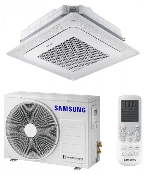 SAMSUNG BEVĖJĖS 4-KRYPTĖS 5.0/6.0KW KASETĖS (HEE) KOMPLEKTAS (VIENFAZIS ĮRENGINYS); KOMPLEKTUOJAMAS SU APDAILA IR DISTANCINIU PULTELIU.