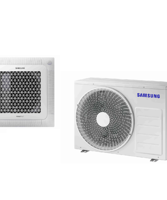 SAMSUNG BEVĖJĖS 4-KRYPTĖS 600x600 2.6/3.4KW KASETĖS (HEE) KOMPLEKTAS; KOMPLEKTUOJAMAS SU APDAILA IR DISTANCINIU PULTELIU.