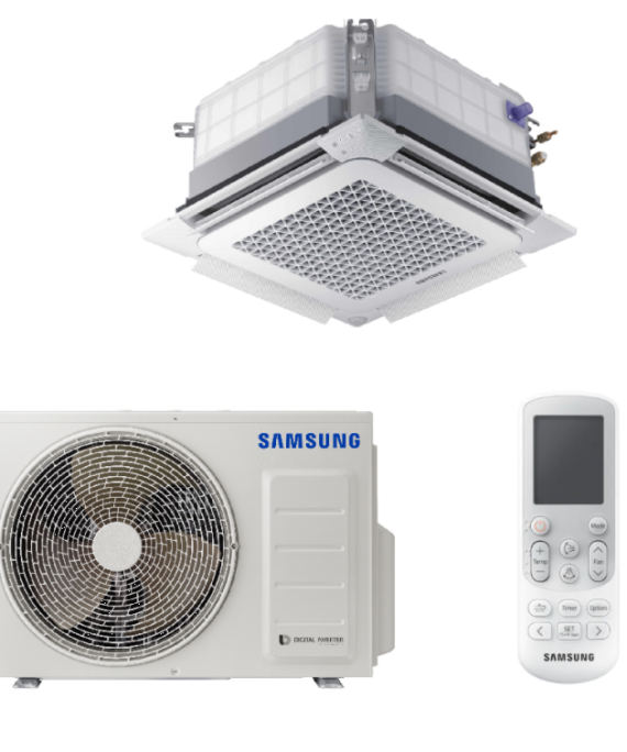SAMSUNG BEVĖJĖS 4-KRYPTĖS 600x600 3.5/4.0KW KASETĖS KOMPLEKTAS; KOMPLEKTUOJAMAS SU APDAILA IR DISTANCINIU PULTELIU.