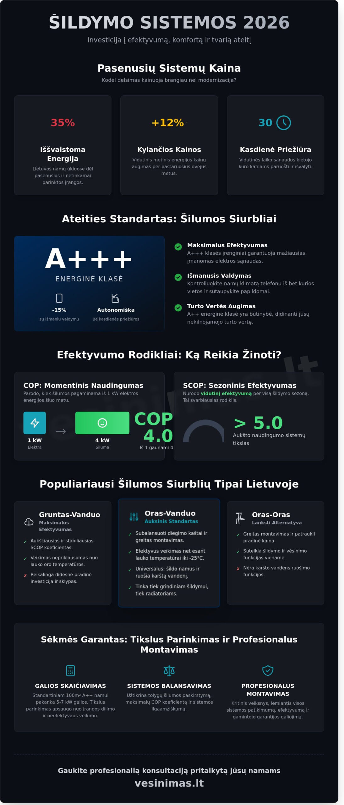 Šildymo sistemos namams 2026 metais: Kaip išsirinkti efektyviausią sprendimą? - Infographic
