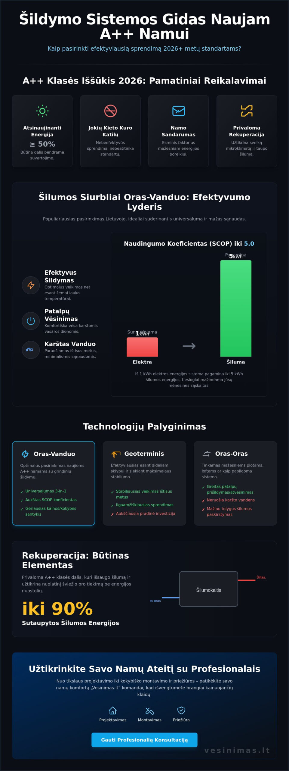 Šildymo sistemos naujam namui 2026: Išsamus gidas A++ energinės klasės būstui Šildymo sistemos naujam namui 2026: Išsamus gidas A++ energinės klasės būstui - Infographic