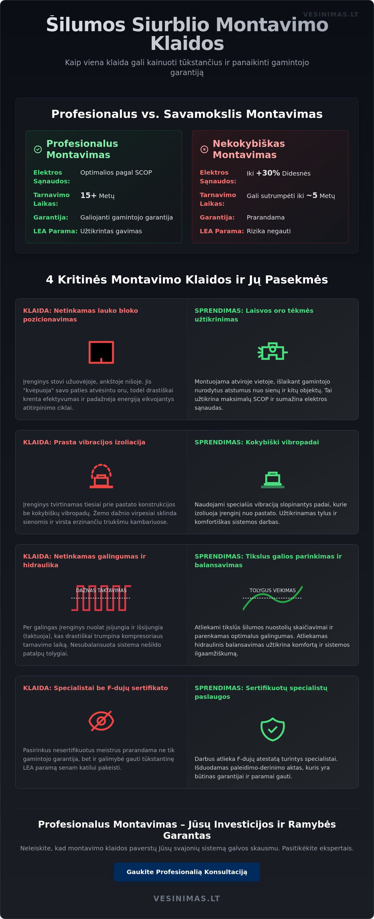 Šilumos siurblių montavimo klaidos: kaip išvengti nuostolių 2026 metais? - Infographic
