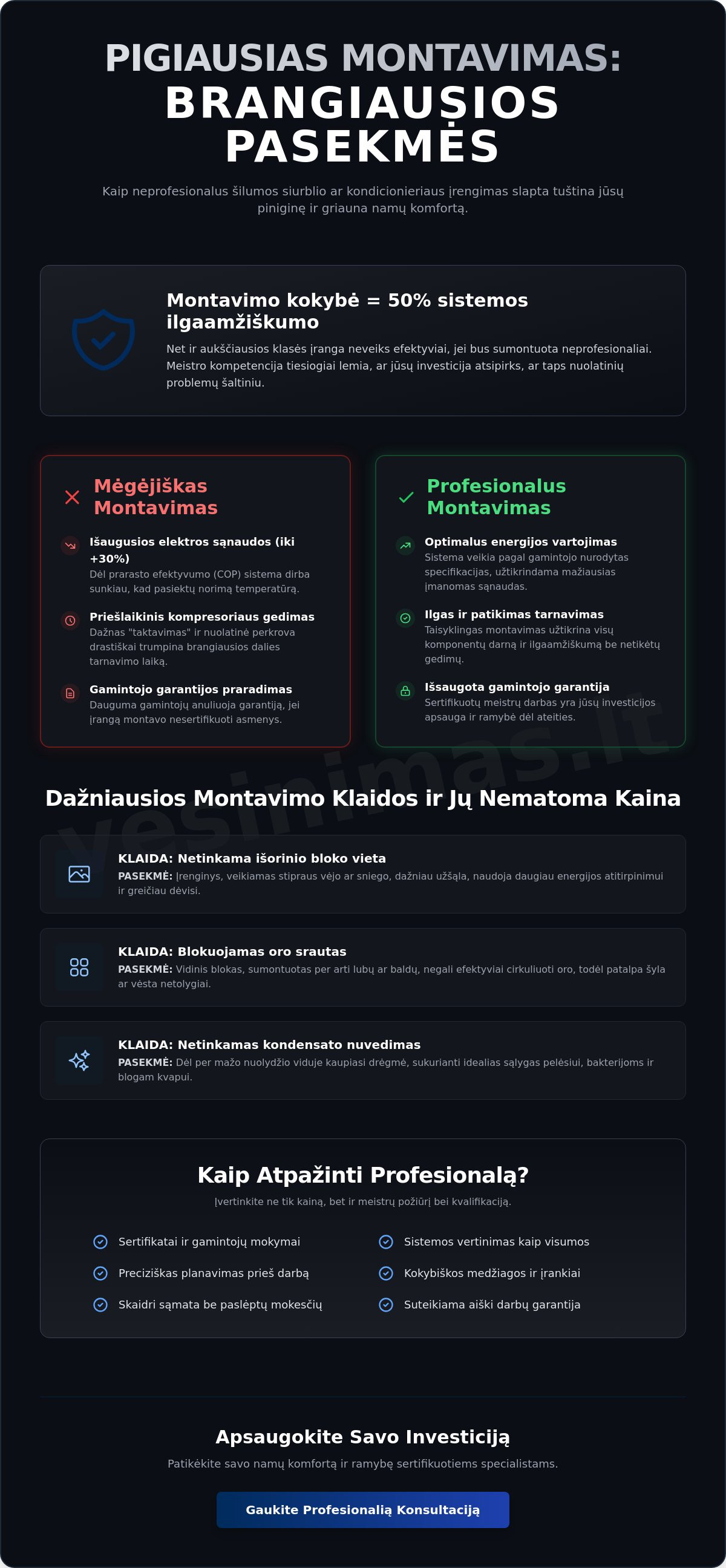 Nekokybiško montavimo pasekmės: kodėl pigus darbas HVAC sistemoms kainuoja brangiausiai? Nekokybiško montavimo pasekmės: kodėl pigus darbas HVAC sistemoms kainuoja brangiausiai? - Infographic