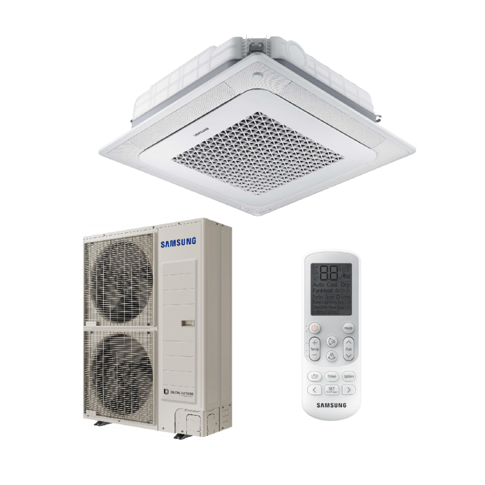 SAMSUNG BEVĖJĖS 4-KRYPTĖS 13.4/15.5KW KASETĖS KOMPLEKTAS (VIENFAZIS ĮRENGINYS); KOMPLEKTUOJAMAS SU APDAILA IR DISTANCINIU PULTELIU.