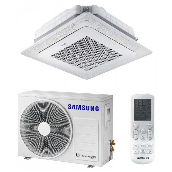 SAMSUNG BEVĖJĖS 4-KRYPTĖS 5.0/6.0KW KASETĖS (HEE) KOMPLEKTAS (VIENFAZIS ĮRENGINYS); KOMPLEKTUOJAMAS SU APDAILA IR DISTANCINIU PULTELIU.