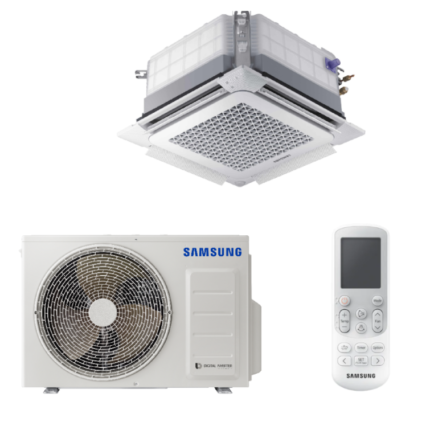 SAMSUNG BEVĖJĖS 4-KRYPTĖS 600x600 3.5/4.0KW KASETĖS KOMPLEKTAS; KOMPLEKTUOJAMAS SU APDAILA IR DISTANCINIU PULTELIU.