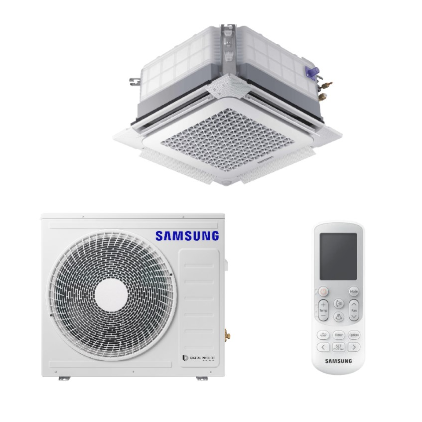 SAMSUNG BEVĖJĖS 4-KRYPTĖS 600x600 6.8/7.5KW KASETĖS KOMPLEKTAS; KOMPLEKTUOJAMAS SU APDAILA IR DISTANCINIU PULTELIU.
